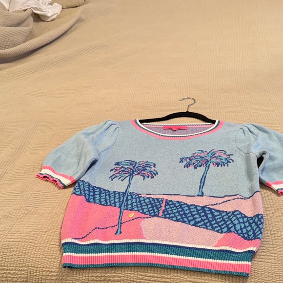 Lilly Pulitzer Kids Sweater in Blue and Pink with Palm Trees - Picture 1 of 15